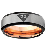 6, 8mm Masonic 32 Triangle Design Freemason Beveled Edge Gray And Rose Gold Tungsten Ring