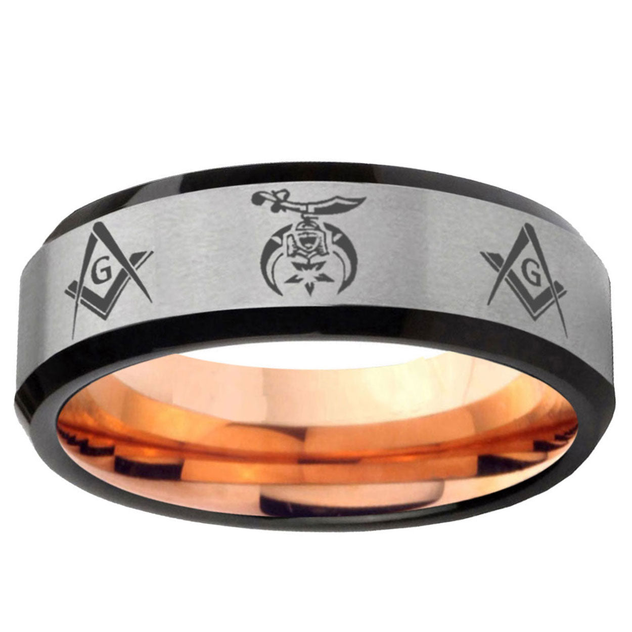 6MM Masonic Shriners Beveled Rose Gold Gray Tungsten Wedding Band Men