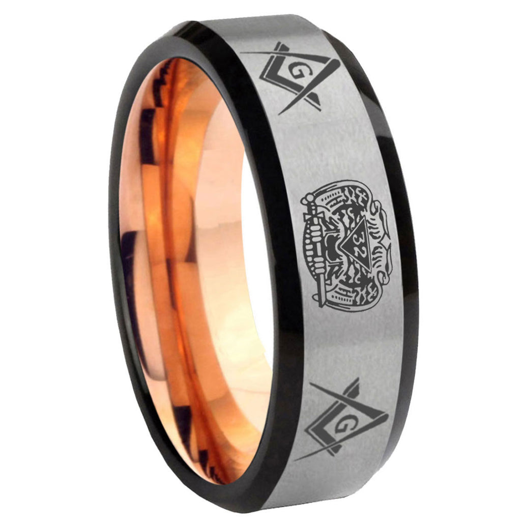 8MM Masonic 32 Design Beveled Rose Gold Gray Tungsten Ring For Men