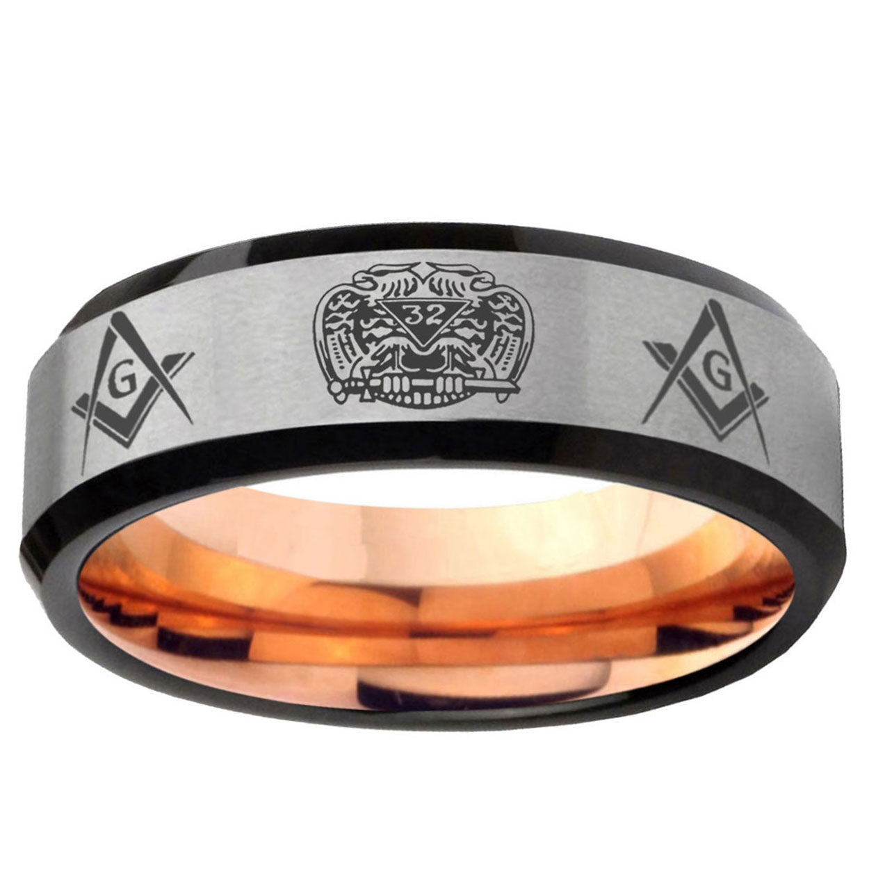 6MM Masonic 32 Design Beveled Rose Gold Gray Tungsten Ring For Men