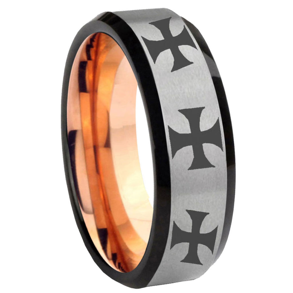 8MM Multiple Maltese Cross Beveled Rose Gold Gray Tungsten Wedding Band