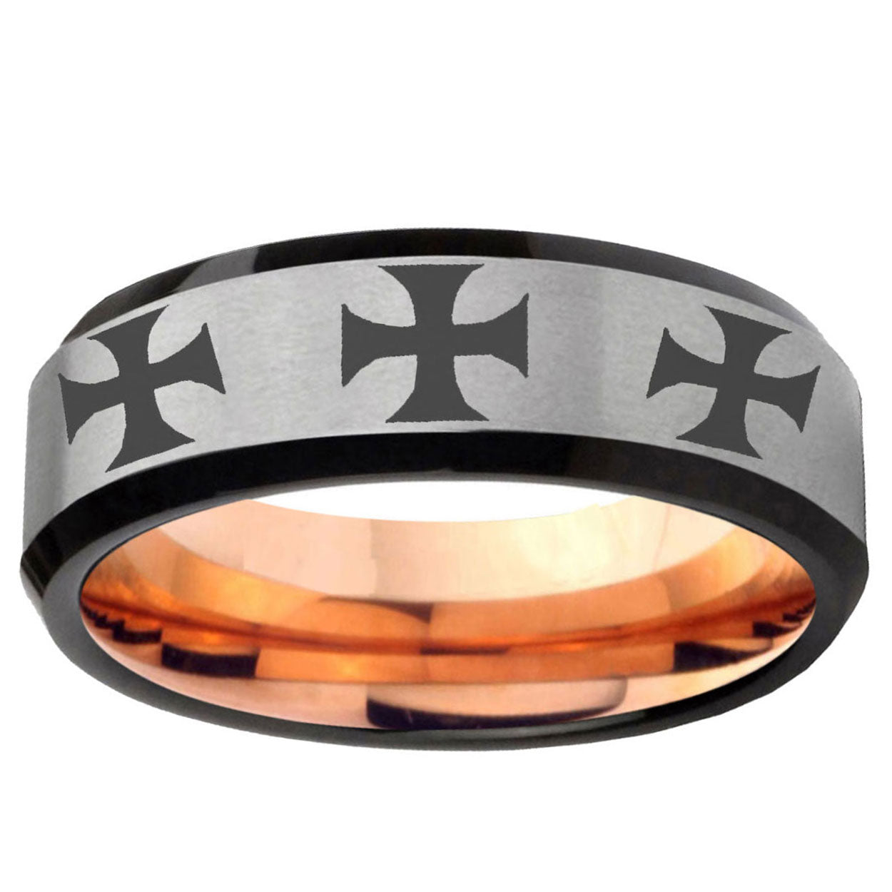 6MM Multiple Maltese Cross Beveled Rose Gold Gray Tungsten Wedding Band