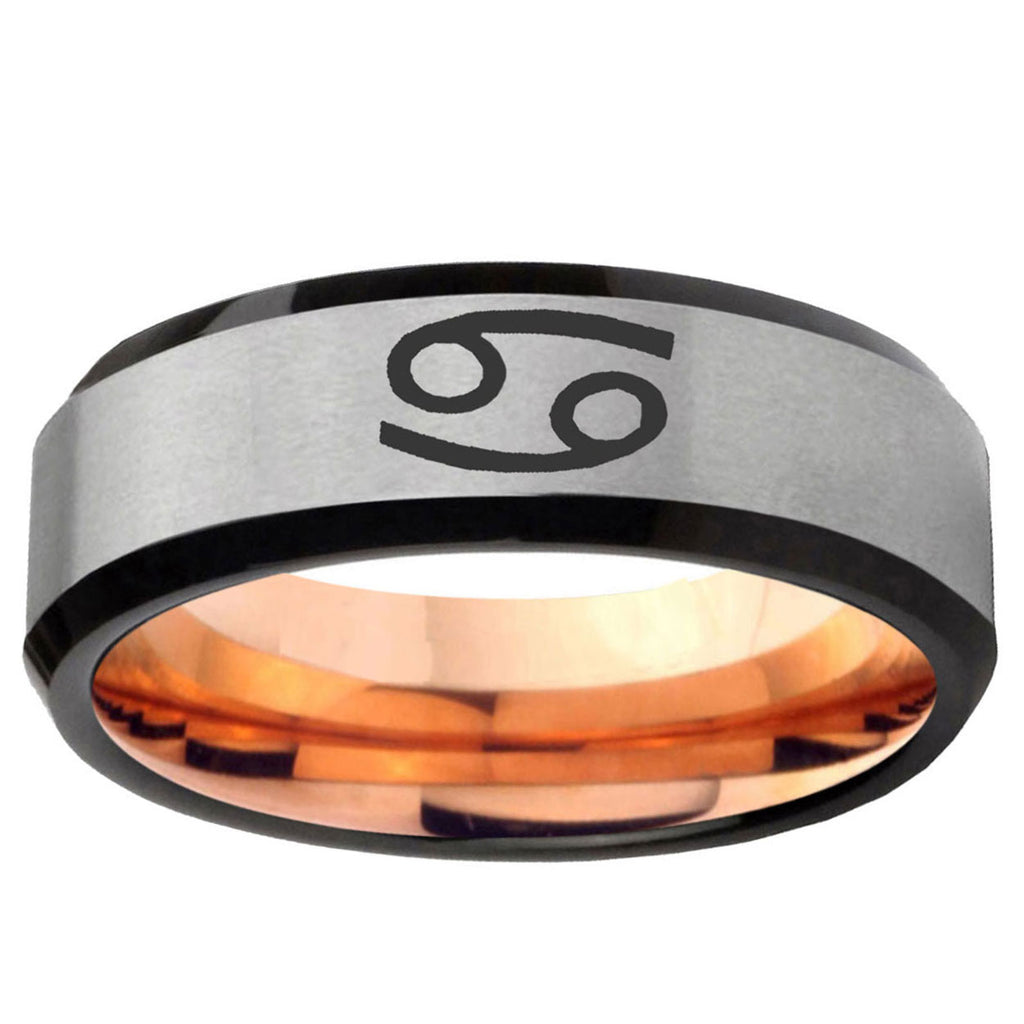 6MM Cancer Horoscope Beveled Rose Gold Gray Tungsten Mens Casual Ring