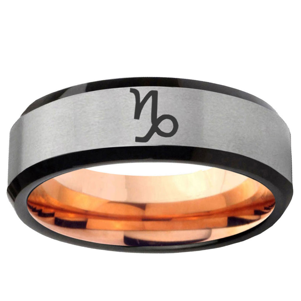 6MM Capricorn Zodiac Beveled Rose Gold Gray Tungsten Man Wedding Ring