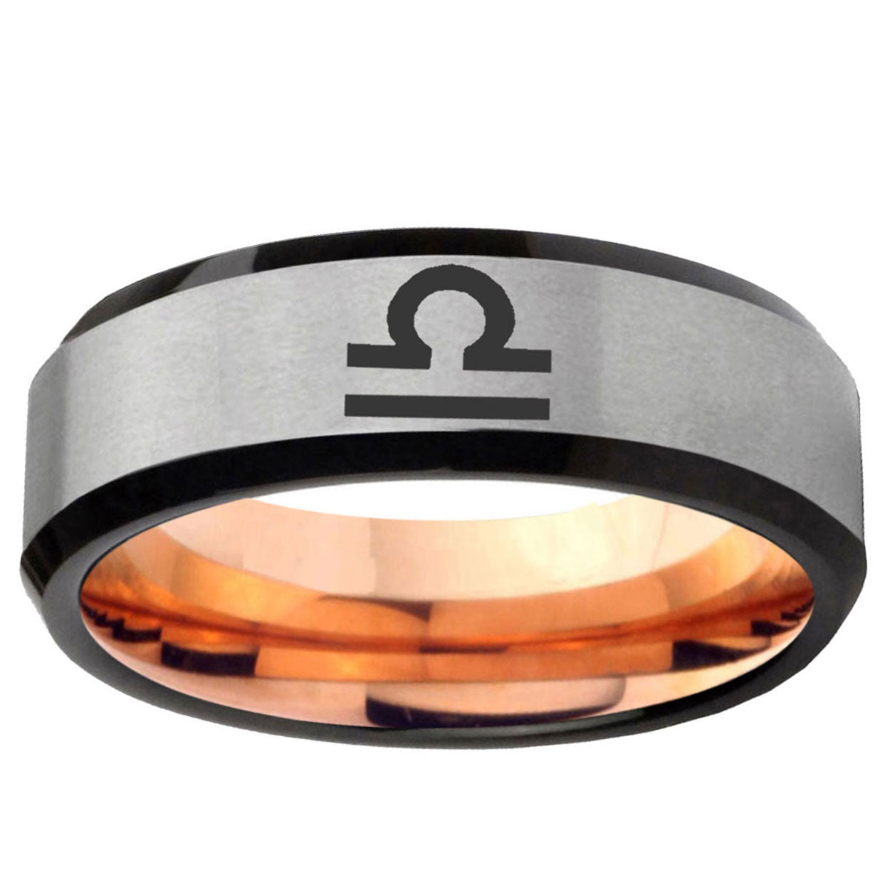 6MM Libra Horoscope Beveled Rose Gold Gray Tungsten Mens Engagement Ring