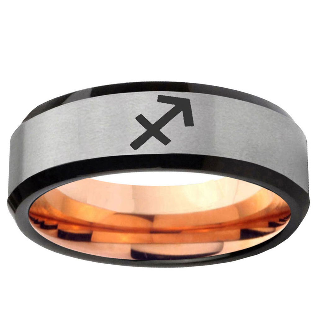 6MM Sagittarius Zodiac Beveled Rose Gold Gray Tungsten Ring For Him