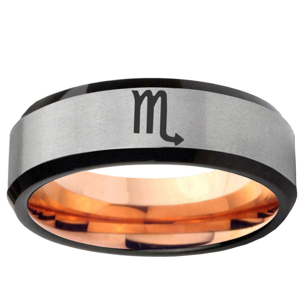 6MM Scorpio Horoscope Beveled Rose Gold Gray Tungsten Wedding Band