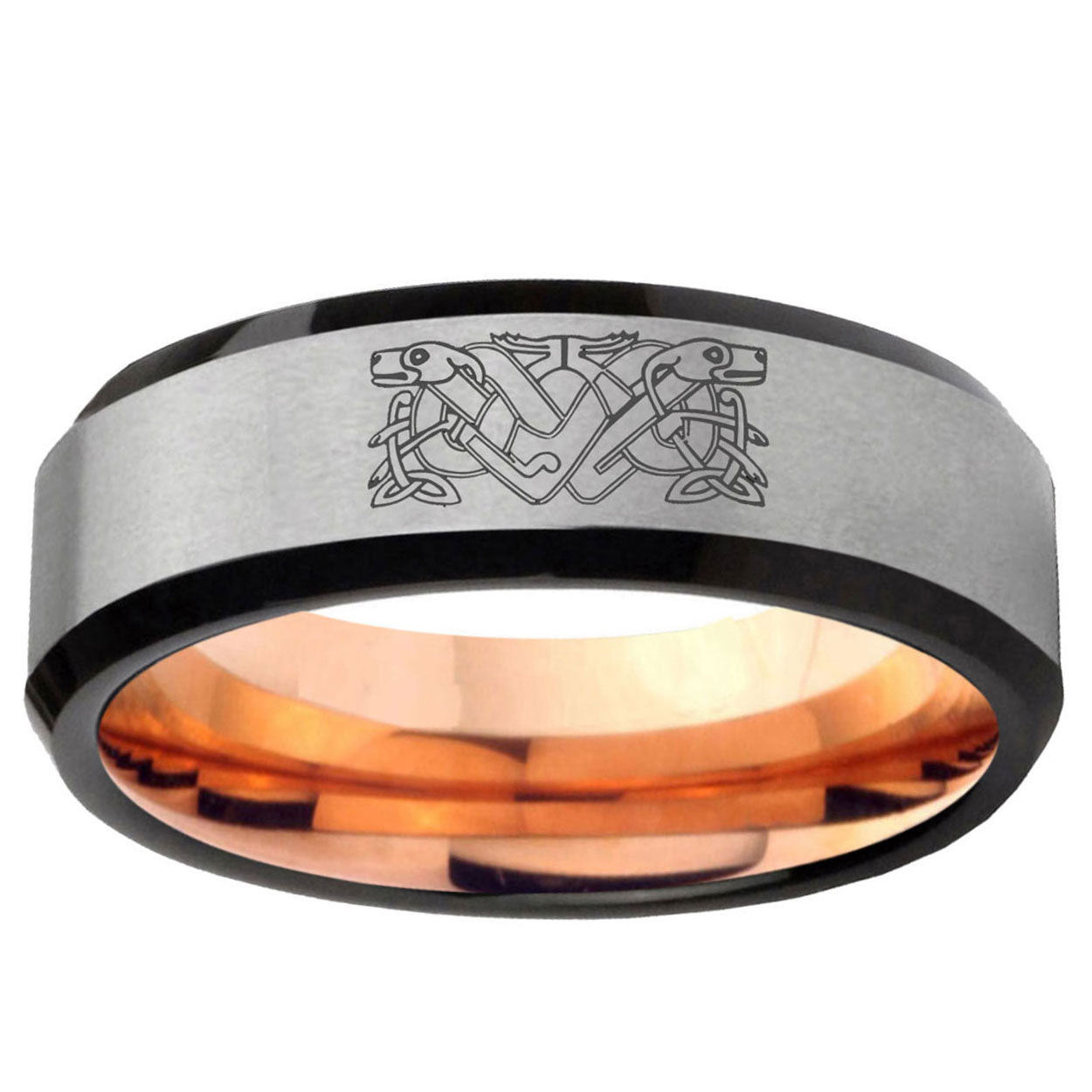 6MM Celtic Dog Beveled Rose Gold Gray Tungsten Ring Men