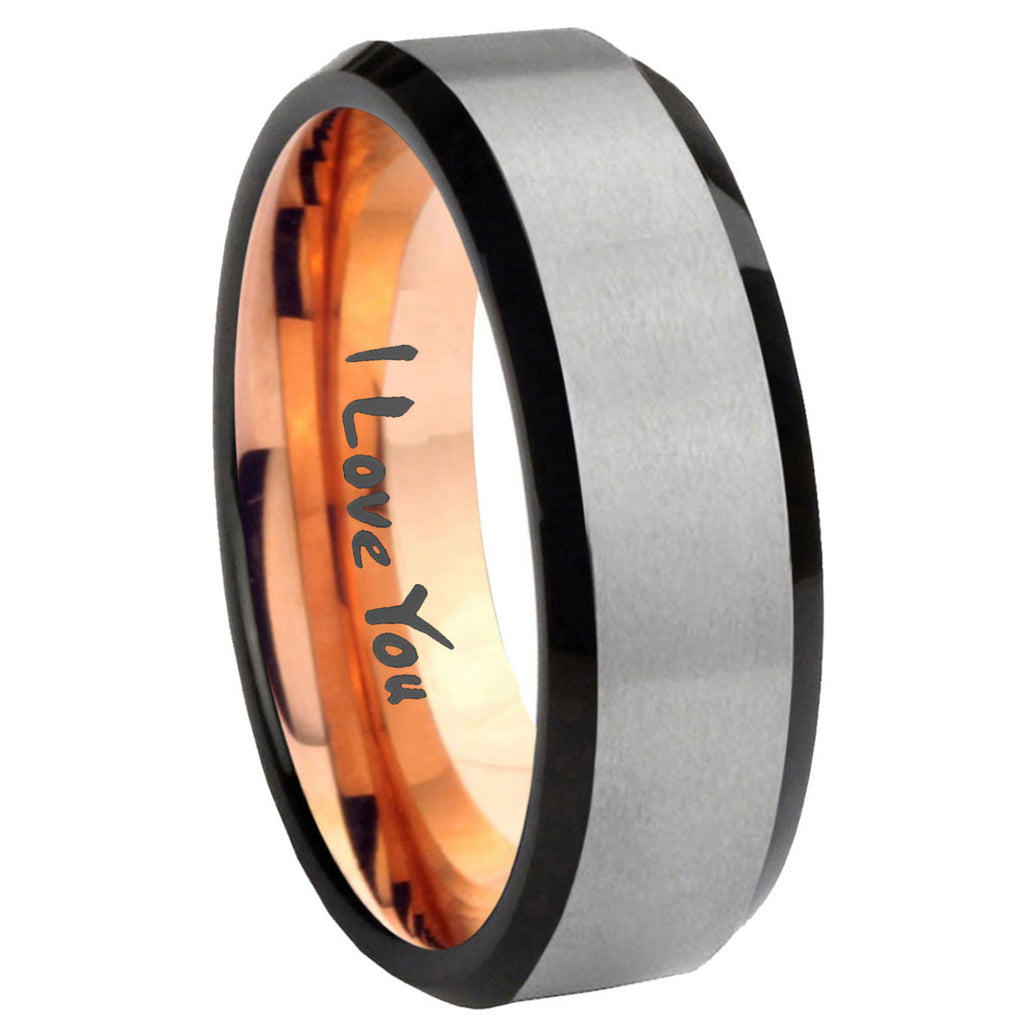 8MM I Love You Beveled Rose Gold Gray Tungsten Ring For Men
