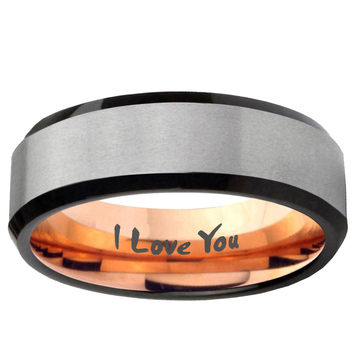 6MM I Love You Beveled Rose Gold Gray Tungsten Ring For Men