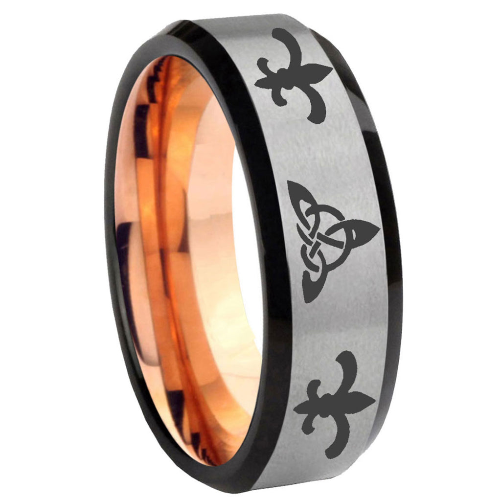 8MM Celtic Triangle Fleur Delis Beveled Rose Gold Gray Tungsten Band