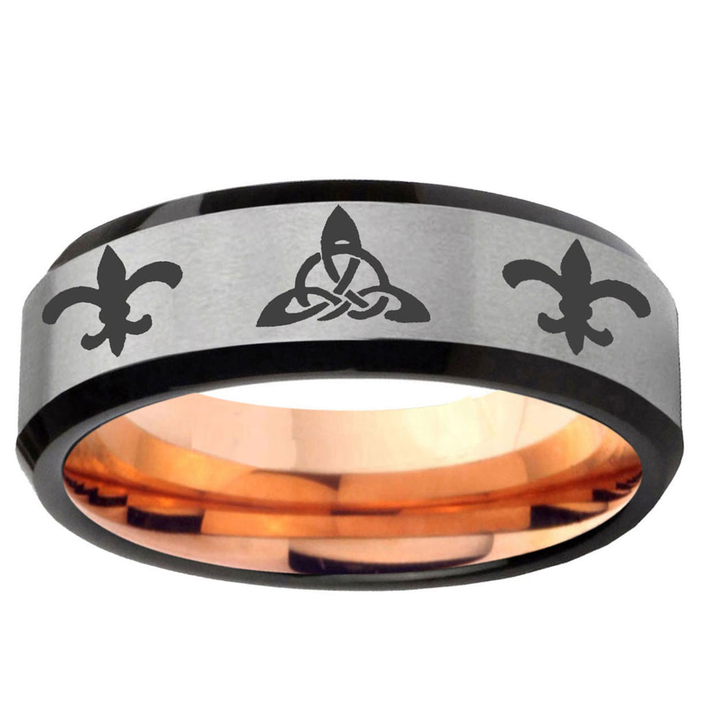 6MM Celtic Triangle Fleur Delis Beveled Rose Gold Gray Tungsten Band