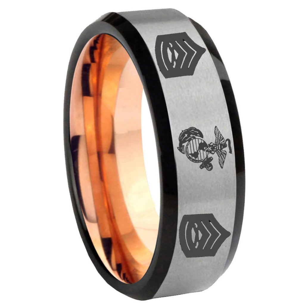 8MM Marine Army Sergeant Beveled Rose Gold Gray Tungsten Wedding Band