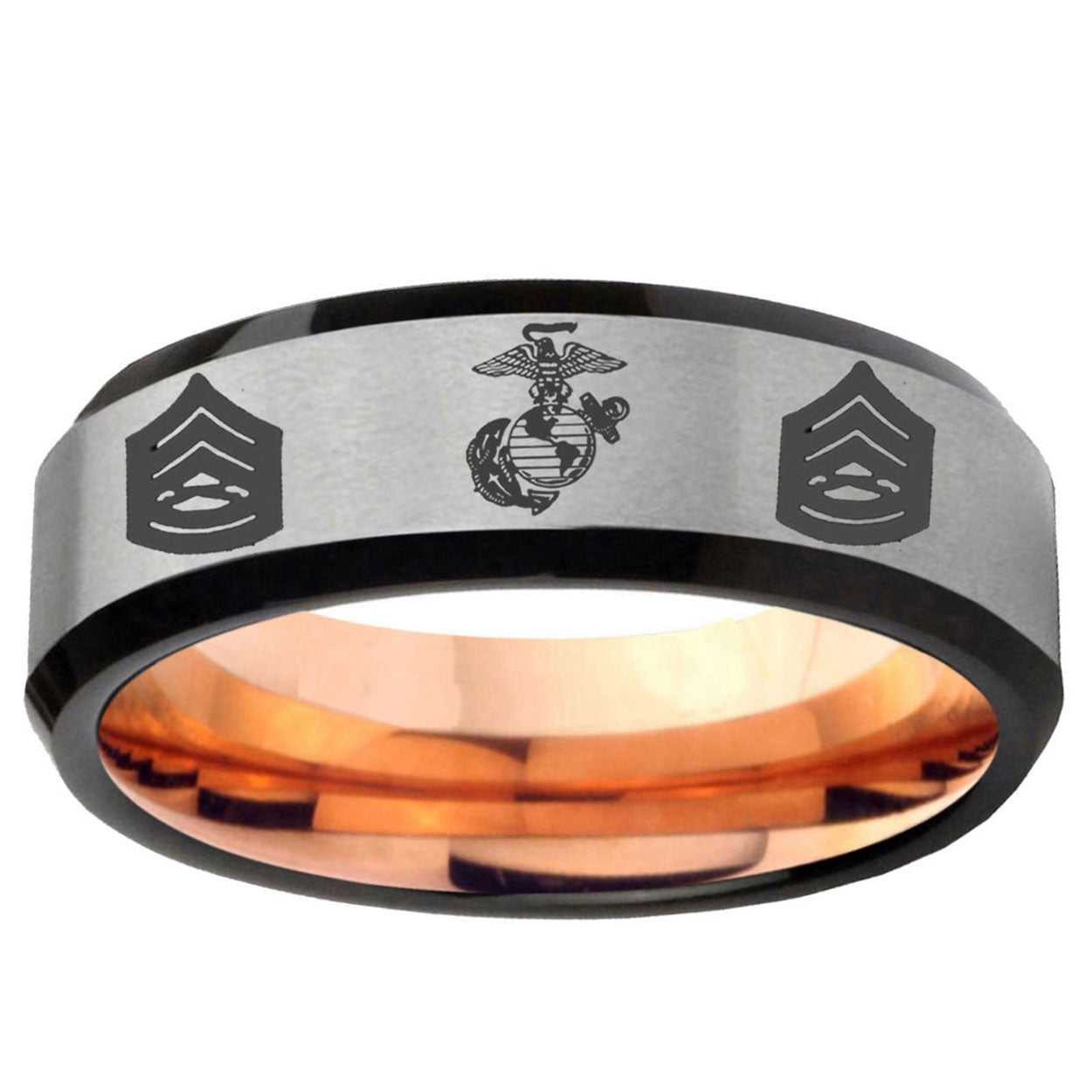 6MM Marine Army Sergeant Beveled Rose Gold Gray Tungsten Wedding Band