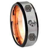 8mm Marine Chief Master Sergeant Beveled Gray And Rose Gold Tungsten Mens Ring Engraved