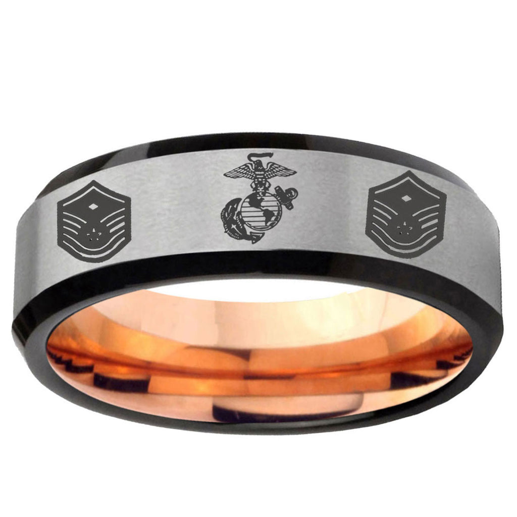 6MM Marine Chief Master Sergeant Beveled Rose Gold Gray Tungsten Ring