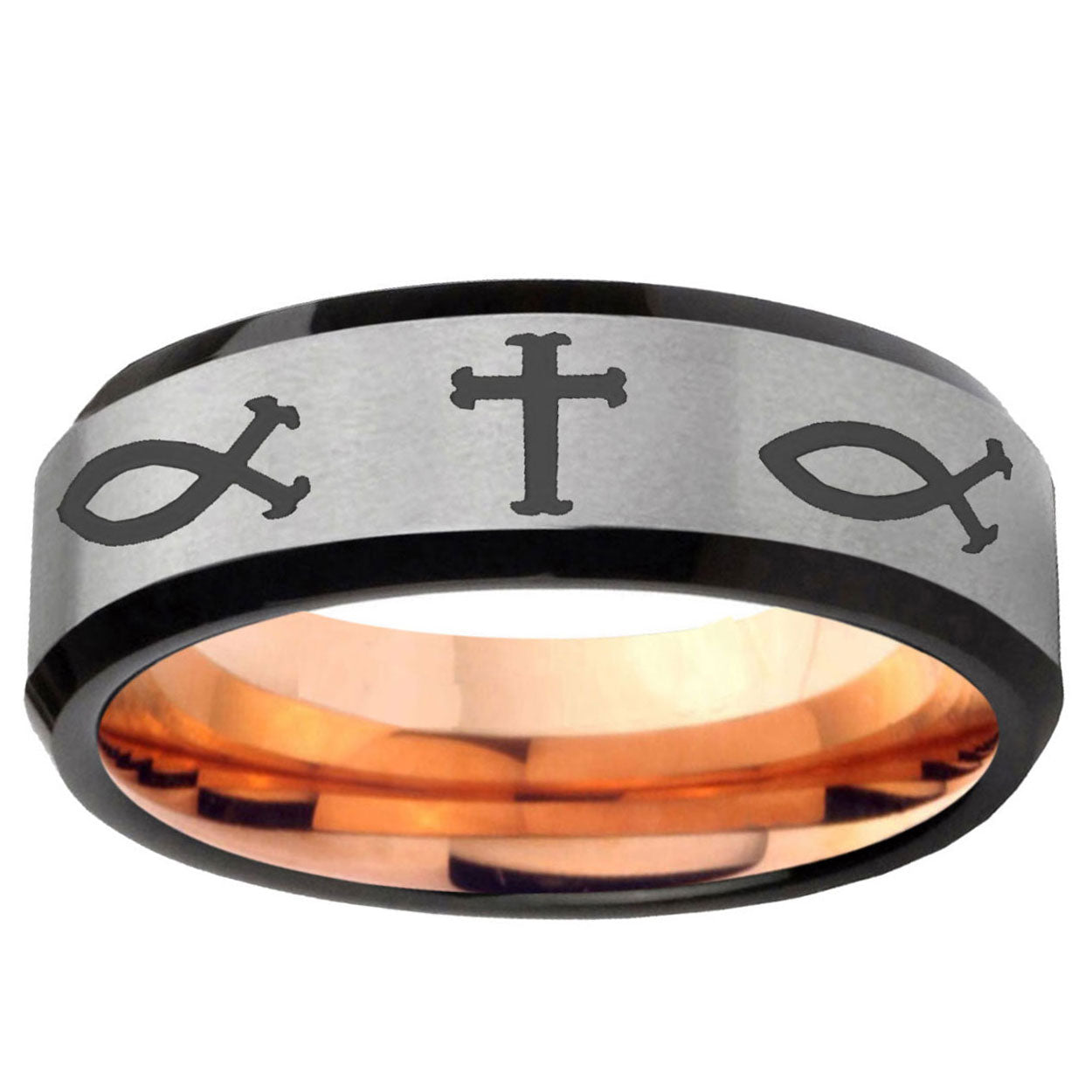 6MM Fish And Cross Beveled Rose Gold Gray Tungsten Mens Engagement Ring