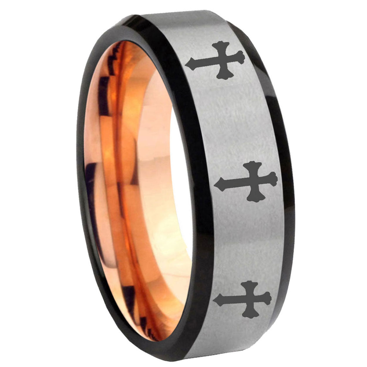 8MM Multiple Christian Cross Beveled Rose Gold Gray Tungsten Mens Ring