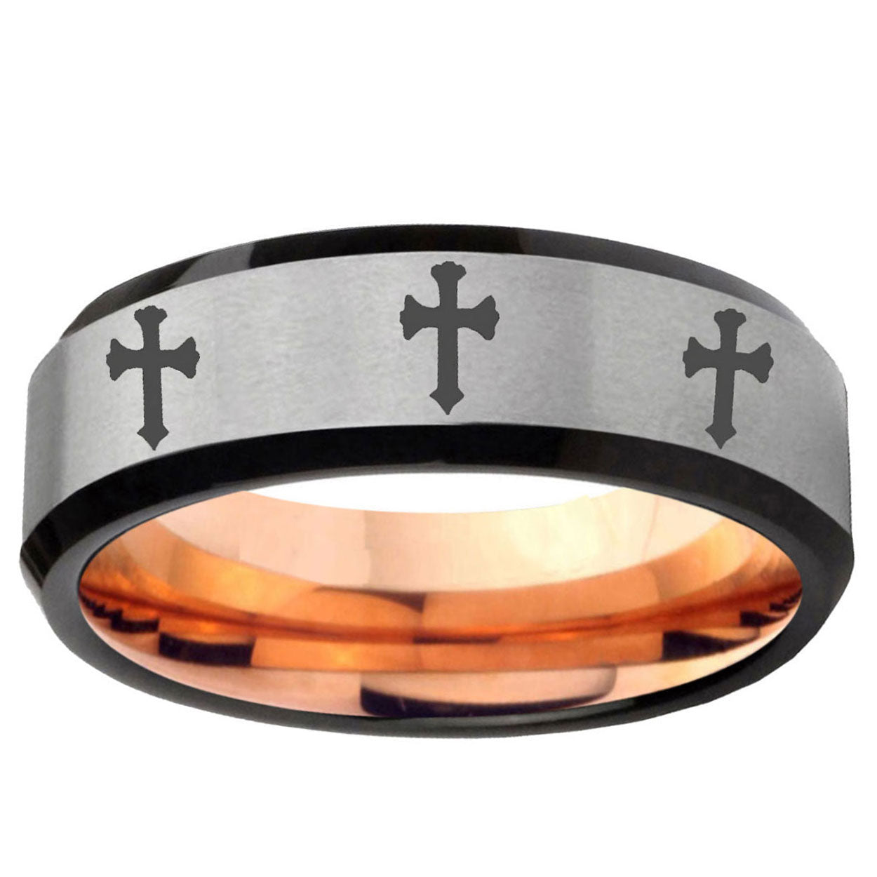 6MM Multiple Christian Cross Beveled Rose Gold Gray Tungsten Mens Ring