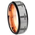 8MM Multiple Christian Cross Beveled Rose Gold Gray Tungsten Ring Men