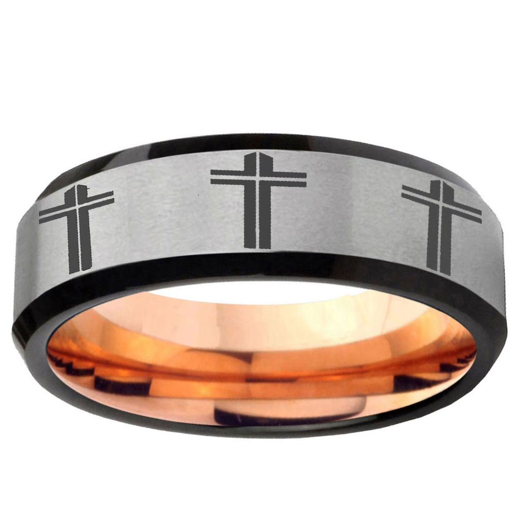 6MM Multiple Christian Cross Beveled Rose Gold Gray Tungsten Ring Men