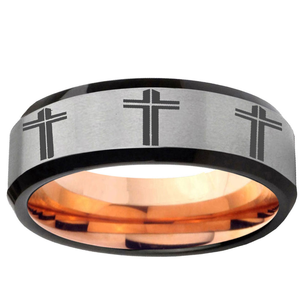 6MM Multiple Christian Cross Beveled Rose Gold Gray Tungsten Ring Men