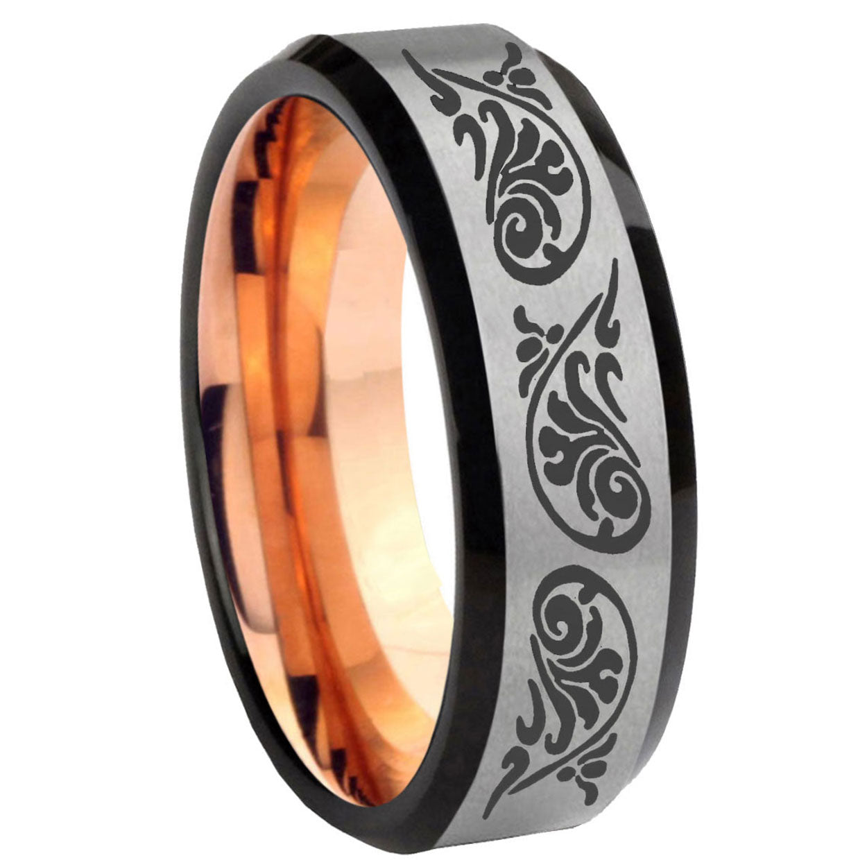 8MM Etched Tribal Pattern Beveled Rose Gold Gray Tungsten Promise Ring