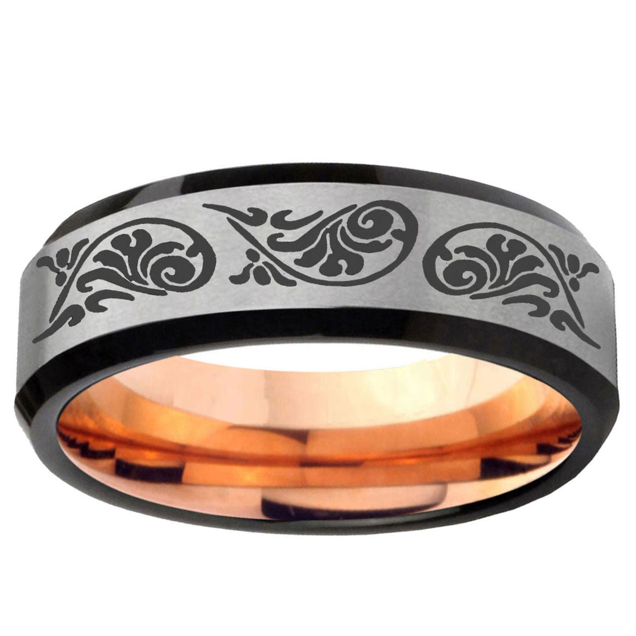 6MM Etched Tribal Pattern Beveled Rose Gold Gray Tungsten Promise Ring