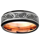 6, 8mm Etched Tribal Pattern Beveled Edge Gray And Rose Gold Tungsten Mens Ring