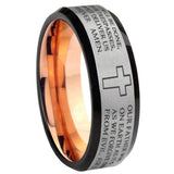 8mm Etched Lord's Prayer Cross Beveled Gray And Rose Gold Tungsten Men Bands Ring