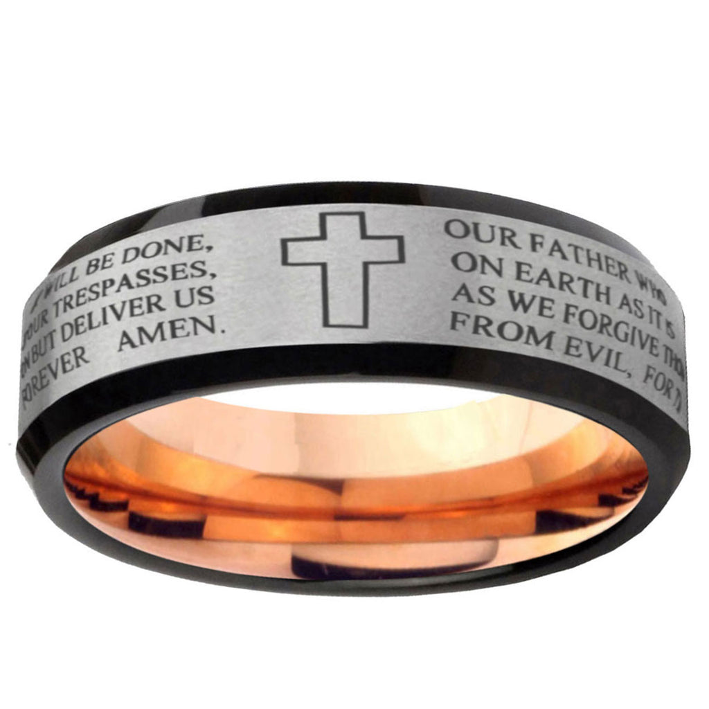 6MM Etched Lord's Prayer Beveled Rose Gold Gray Tungsten Custom Ring