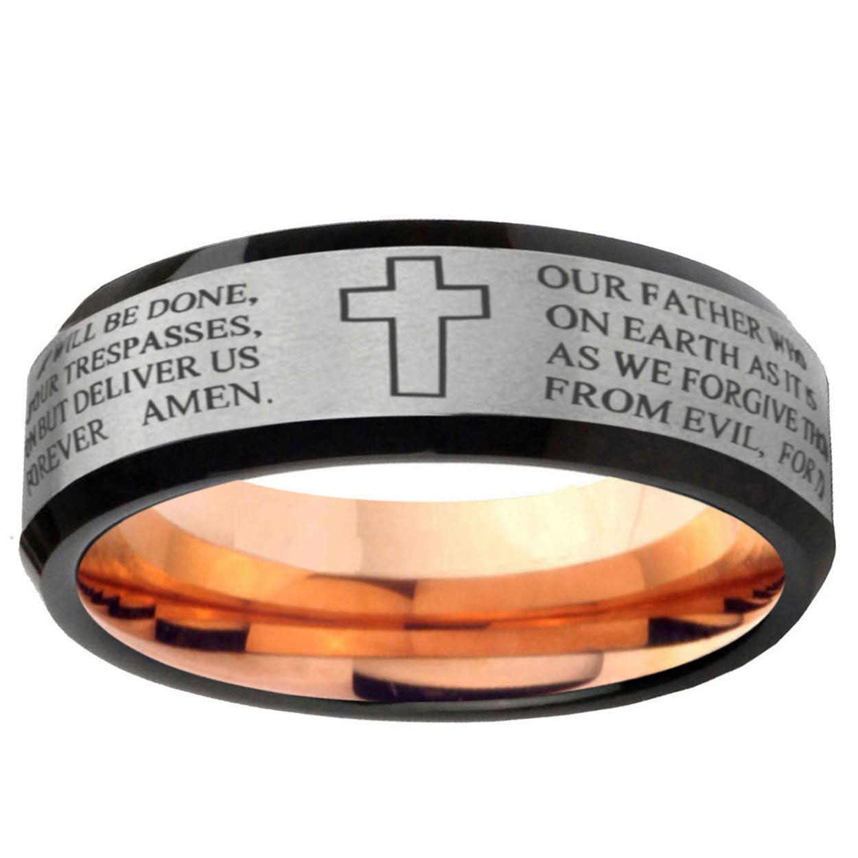 6MM Etched Lord's Prayer Beveled Rose Gold Gray Tungsten Custom Ring