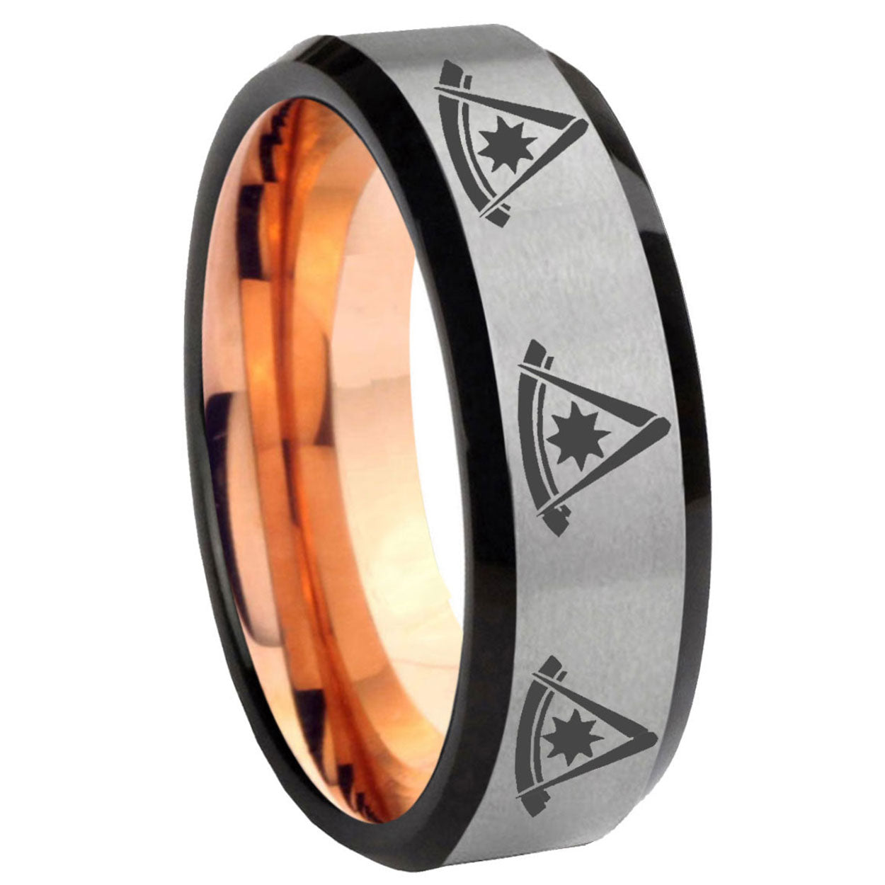 8MM Multiple Pester Master Beveled Rose Gold Gray Tungsten Band For Men