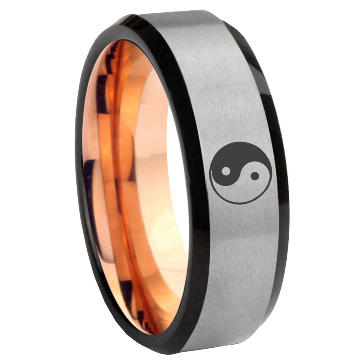 8MM Yin Yang Beveled Rose Gold Gray Tungsten Man Wedding Band