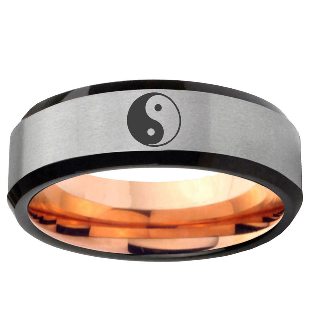 6MM Yin Yang Beveled Rose Gold Gray Tungsten Man Wedding Band
