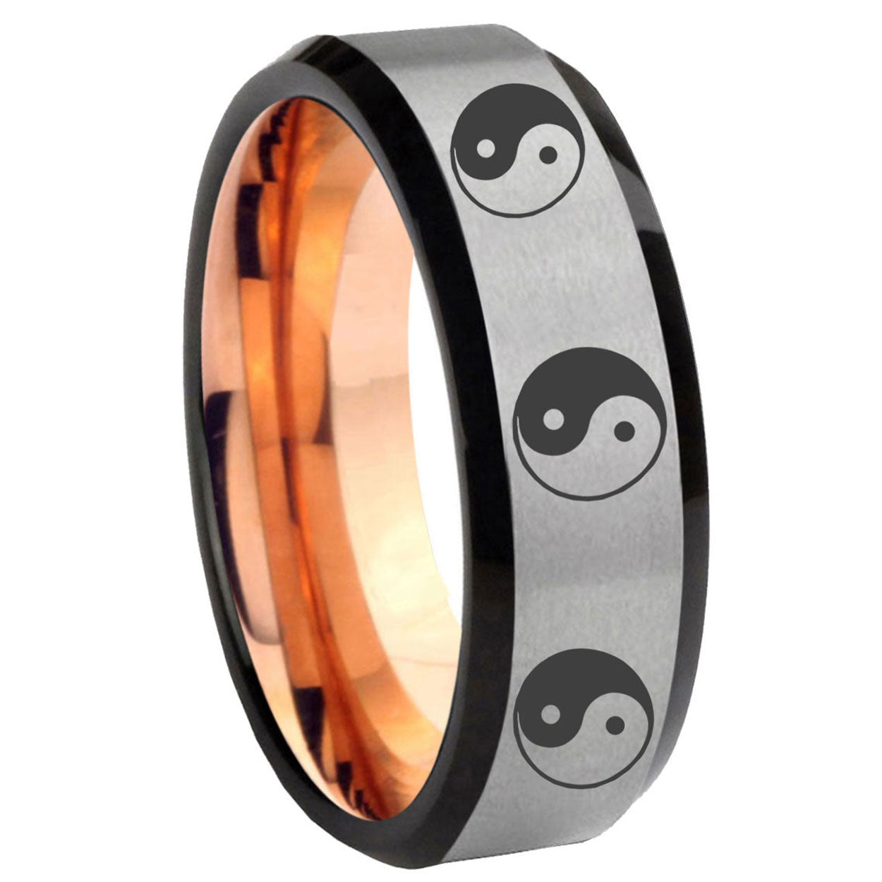 8MM Multiple Yin Yang Beveled Rose Gold Gray Tungsten Ring Men