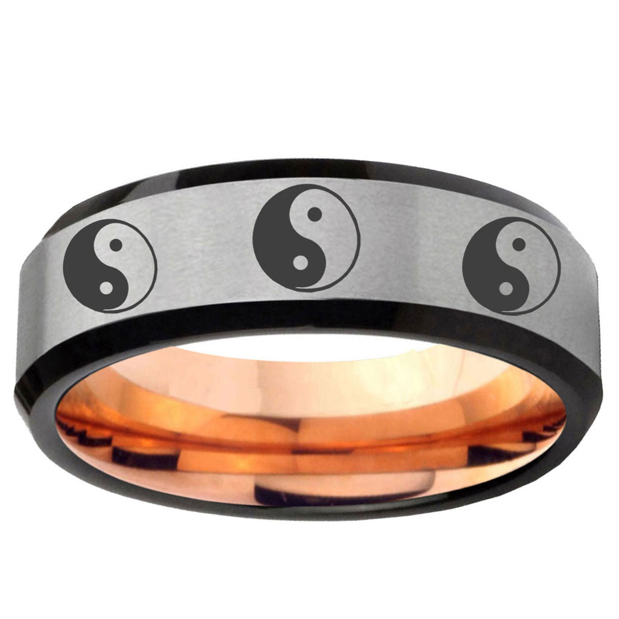 6MM Multiple Yin Yang Beveled Rose Gold Gray Tungsten Ring Men