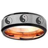 6, 8mm Multiple Yin Yang Beveled Gray And Rose Gold Tungsten Mens Promise Ring
