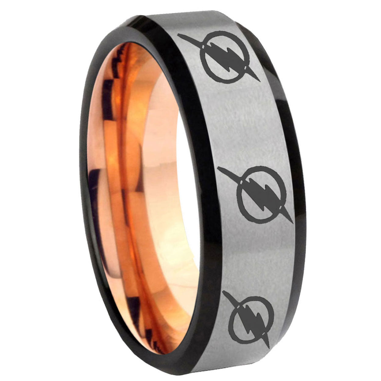 8MM Multiple Flash Beveled Rose Gold Gray Tungsten Custom Ring