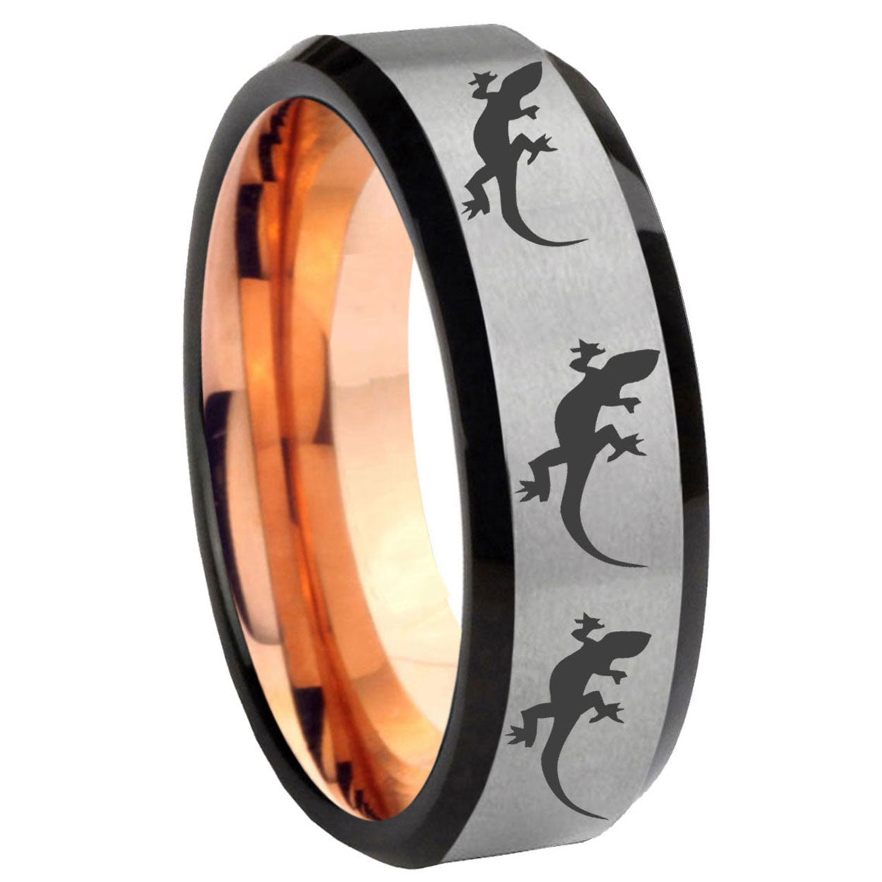 8MM Multiple Lizard Bevel Beveled Rose Gold Gray Tungsten Mens Ring
