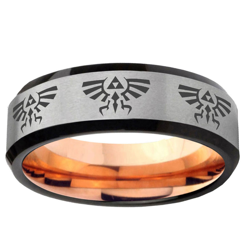 6MM Multiple Zelda Skyward Beveled Rose Gold Gray Tungsten Ring For Men