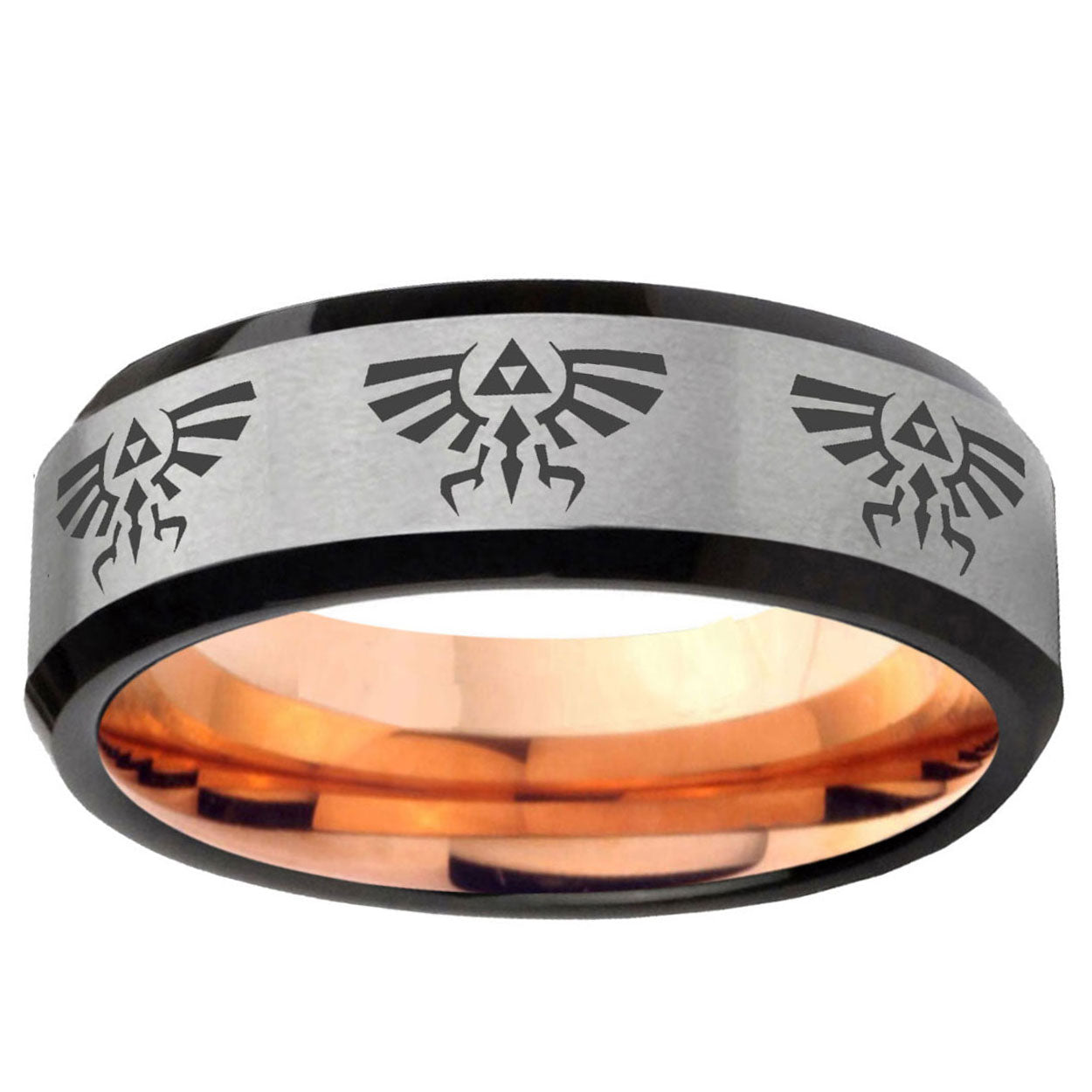6MM Multiple Zelda Skyward Beveled Rose Gold Gray Tungsten Ring For Men