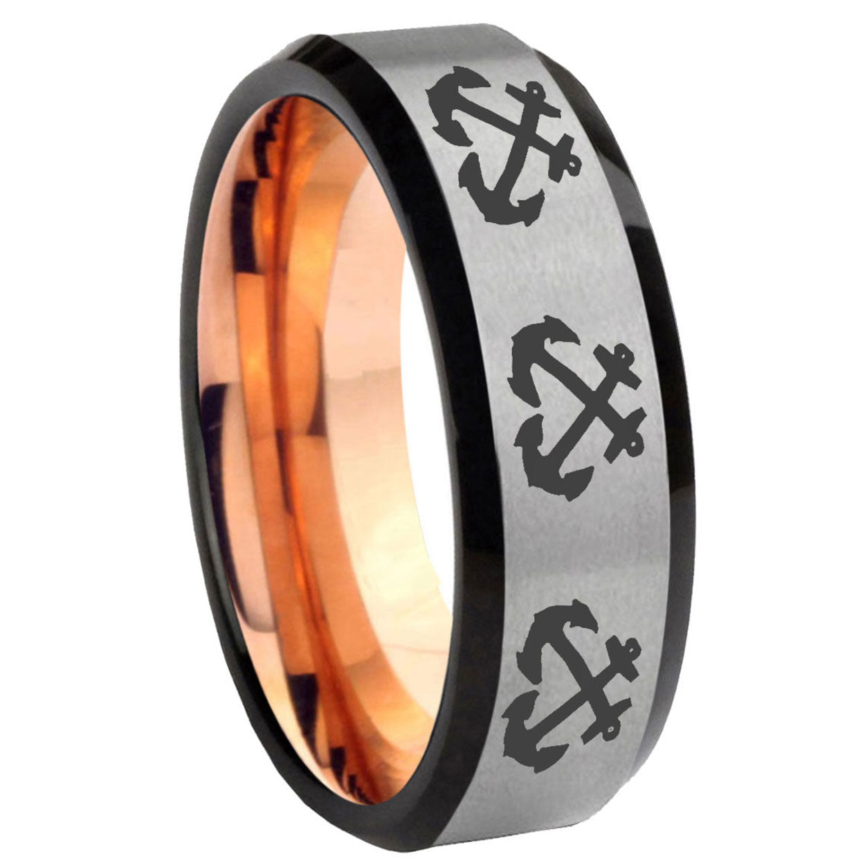 8MM Multiple Anchor Bevel Beveled Rose Gold Gray Tungsten Ring Men