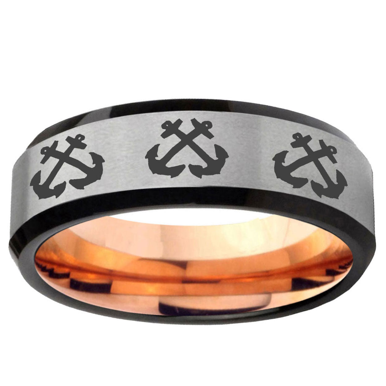 6MM Multiple Anchor Bevel Beveled Rose Gold Gray Tungsten Ring Men