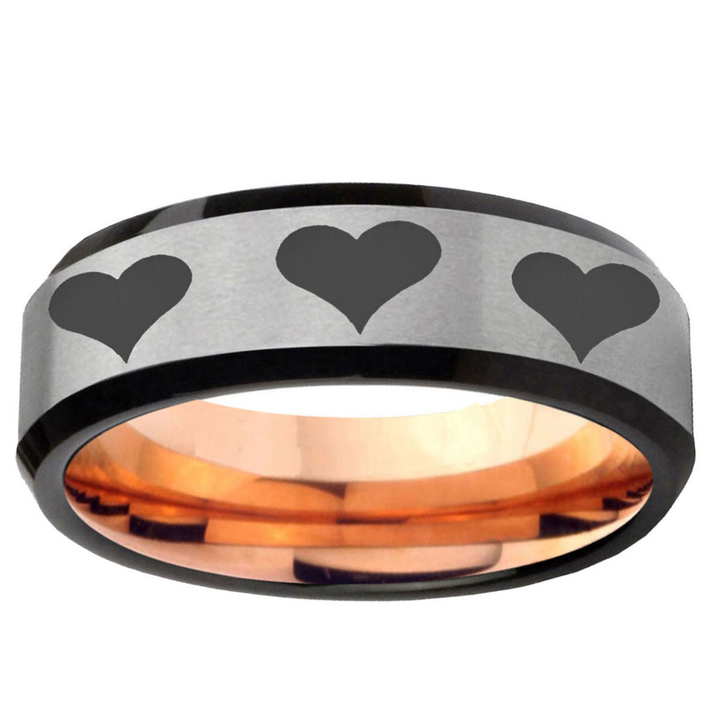 6MM Multiple Heart Beveled Rose Gold Gray Tungsten Mens Ring