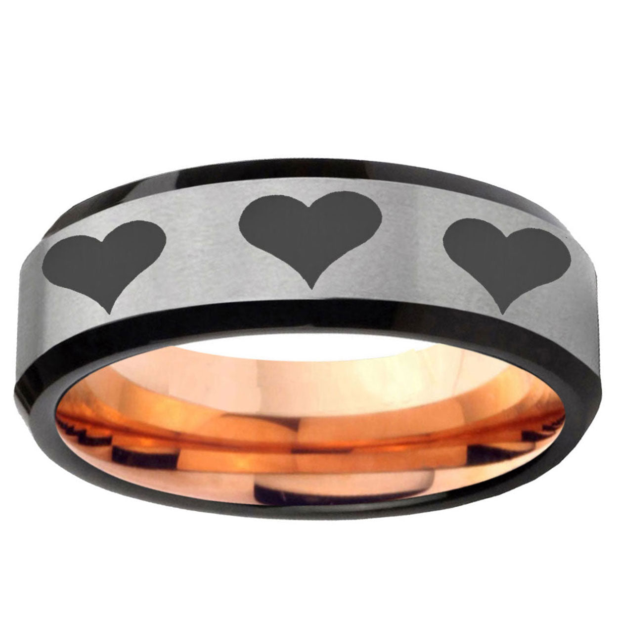 6MM Multiple Heart Beveled Rose Gold Gray Tungsten Mens Ring
