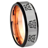 8mm Transformers Autobot Decepticon Beveled Edge Gray And Rose Gold Tungsten Mens Ring