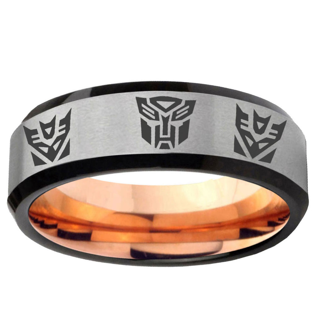 6MM Transformers Autobot Decepticon Beveled Rose Gold Gray Tungsten Ring