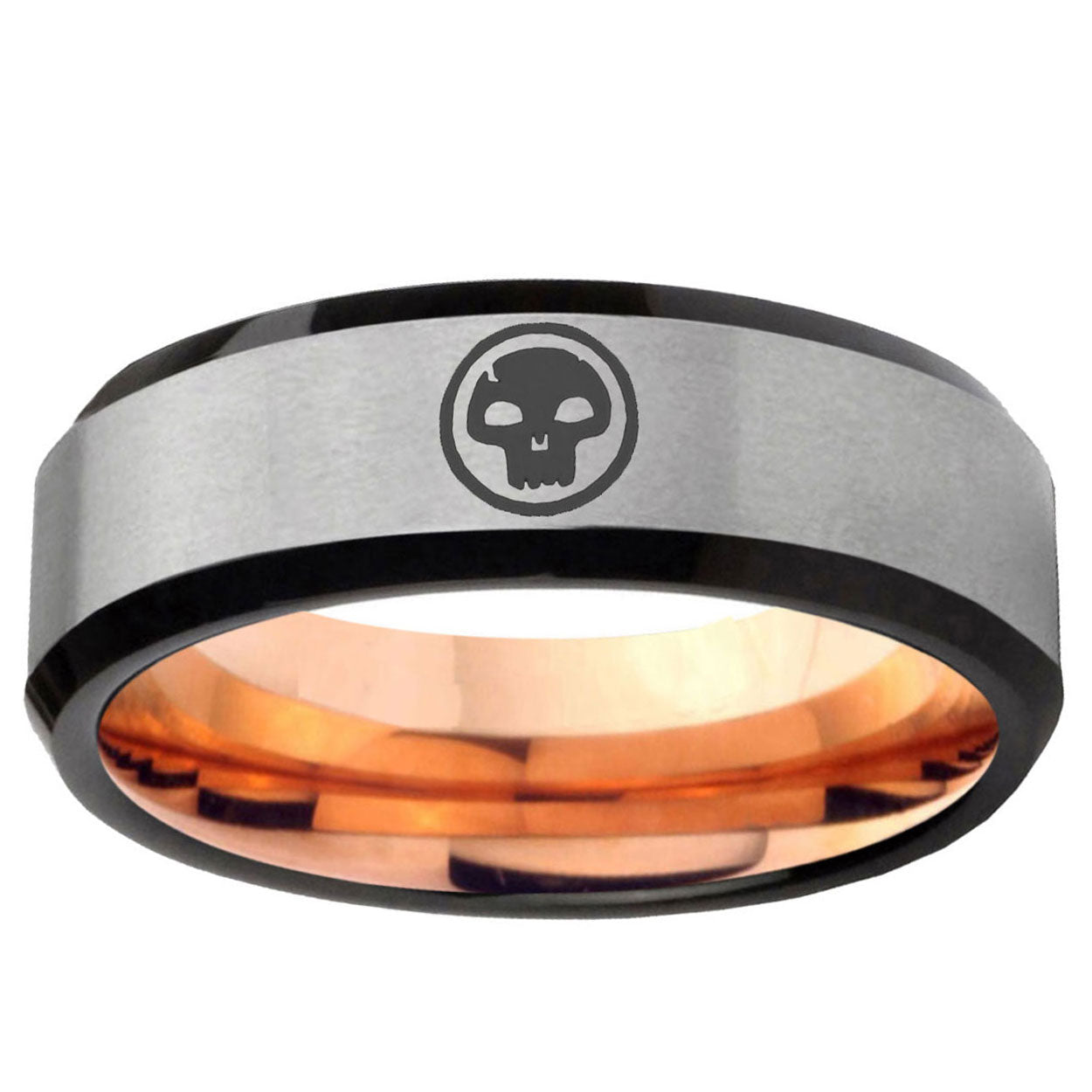 6MM Skull Beveled Rose Gold Gray Tungsten Man Wedding Band