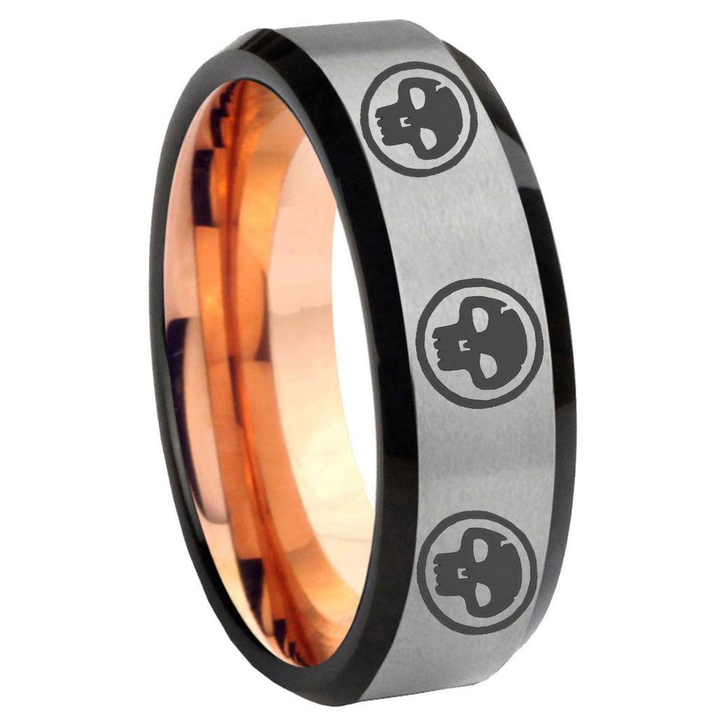 8MM Multiple Skull Beveled Rose Gold Gray Tungsten Ring Men